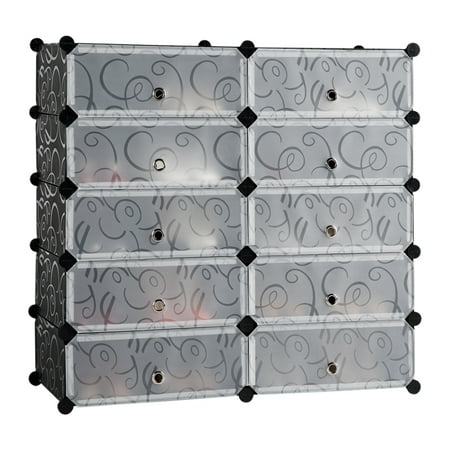 Shoe Rack, LANGRIA 10 rectangular Cubes DIY Multi Use Modular Organizer Storage Plastic Cabinet with Doors, Black and White Curly Pattern, with multi-angled plastic connectors for shoes storage