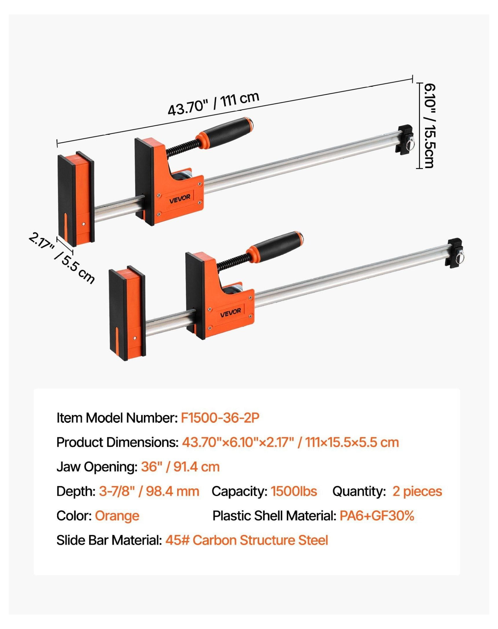 Woodworking Bar Clamps 2-Pack, 36 Inch F-Clamp Set - 1500 lbs Capacity, Parallel Clamps for Wood & Metal, High-Strength Plastic & Carbon Steel, Woodworking Tools