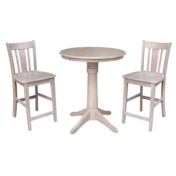 Wood 30" Round Counter Table and 2 San Remo Stools in Washed Gray Taupe - Set of 3