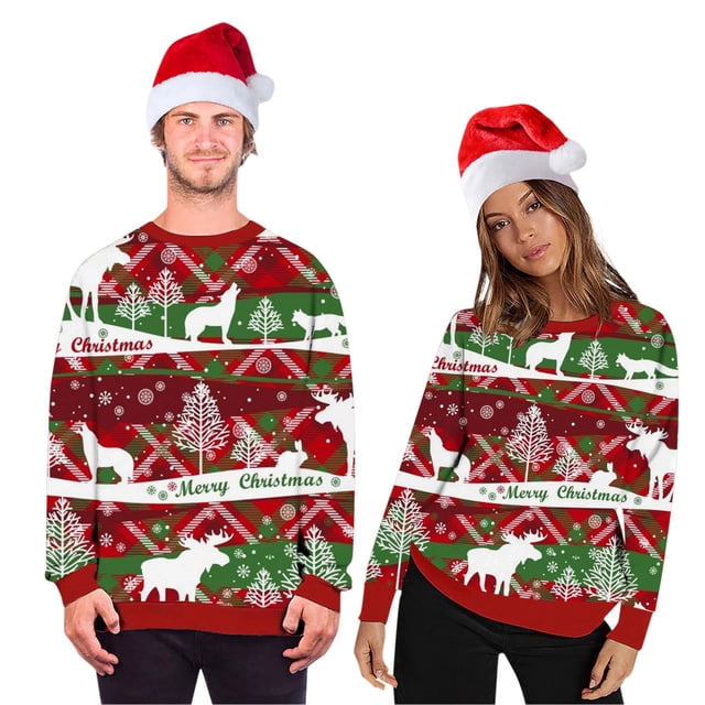 Wyzesi Chandails de Noël Garçon Couple Chemise Décontractée de Noël Blouse Imprimée 3D Col Rond Manches Longues Chandail Chandail Col Rond Chandails Hommes