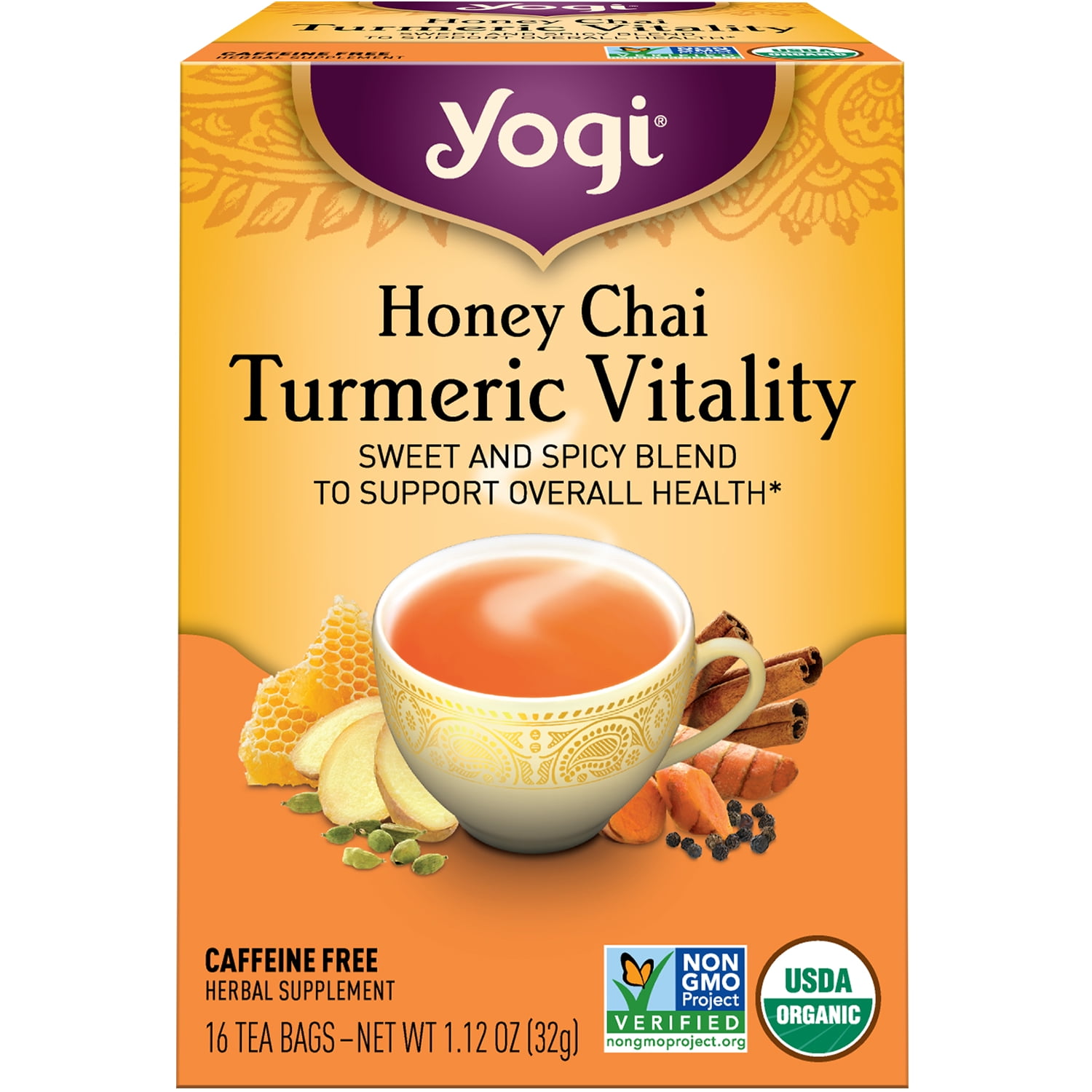 Yogi Tea Honey Chai Turmeric Vitality, Organic Herbal Tea, Wellness Tea Bags, 16 Count