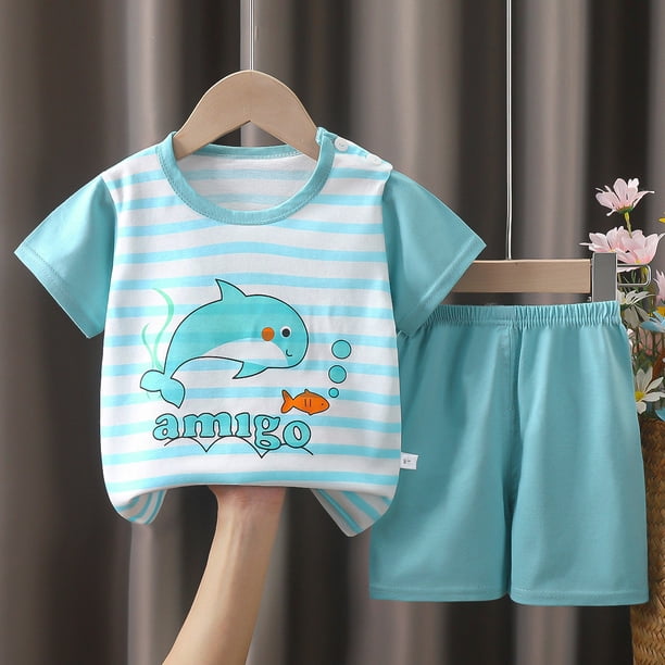 Traje de verano de algodón puro para niños, camiseta de media manga para niños, ropa deportiva para el hogar para niños y niñas