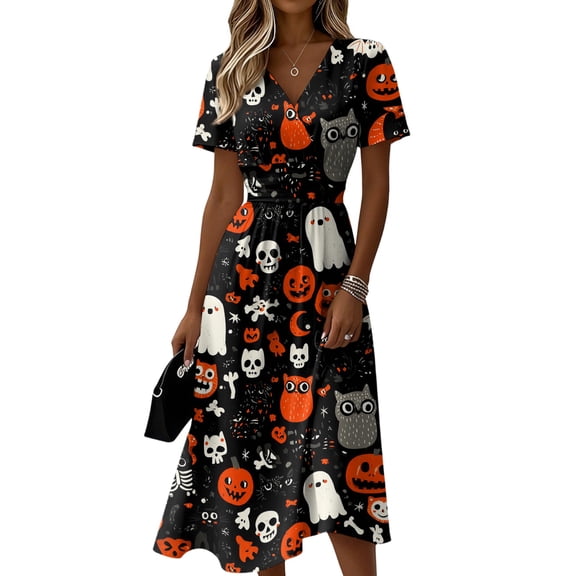 KLHDSF Halloween Dresses For Women Short Sleeve V Neck Dress Lightweight Breathable Party Daily Outfit Black L