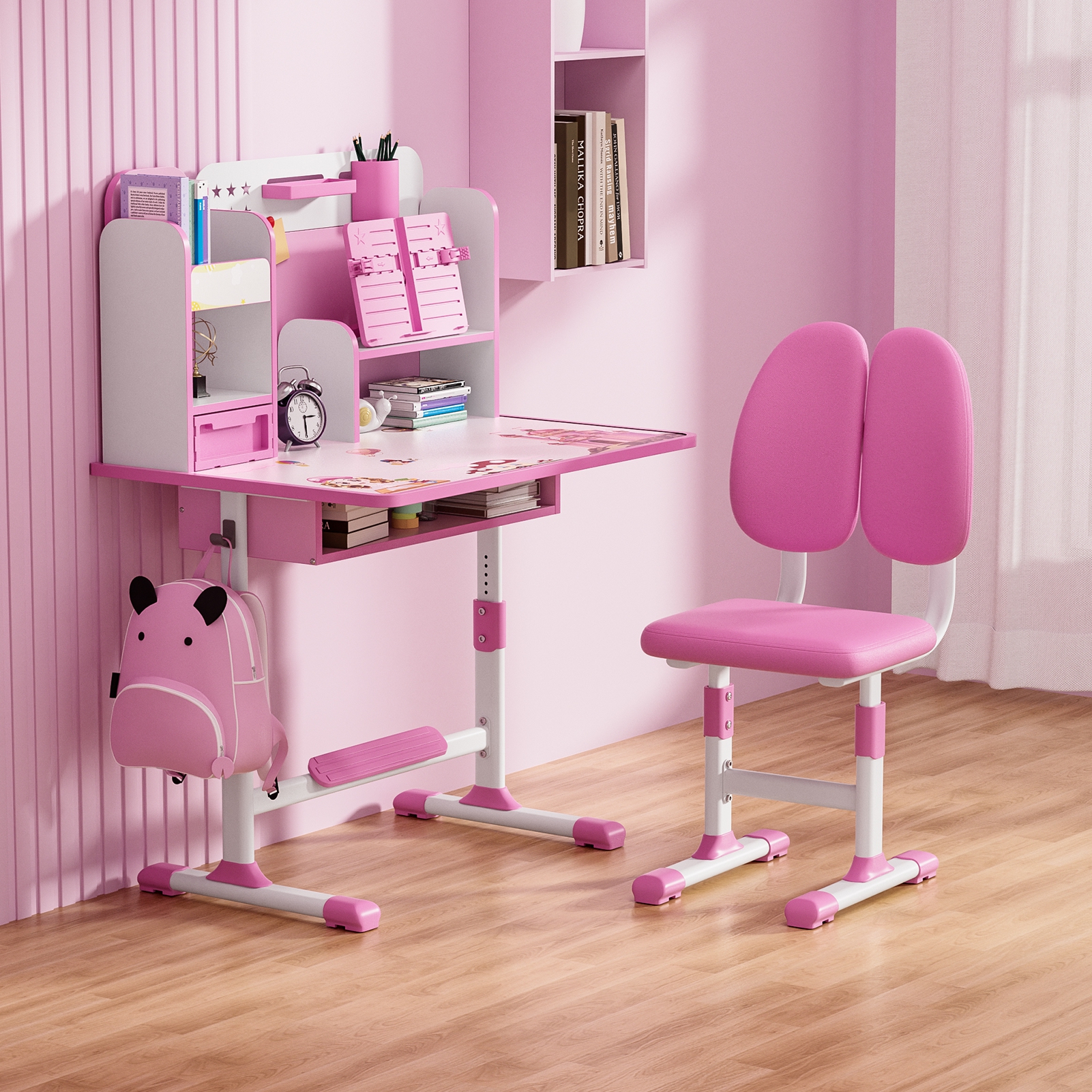 Upgraded Kids Desk and Chair Set, Height Adjustable Kids Functional Desk and Chair Set for Kids 8-12, Study Table for Girls Boys, Writing Table for Kids-Pink