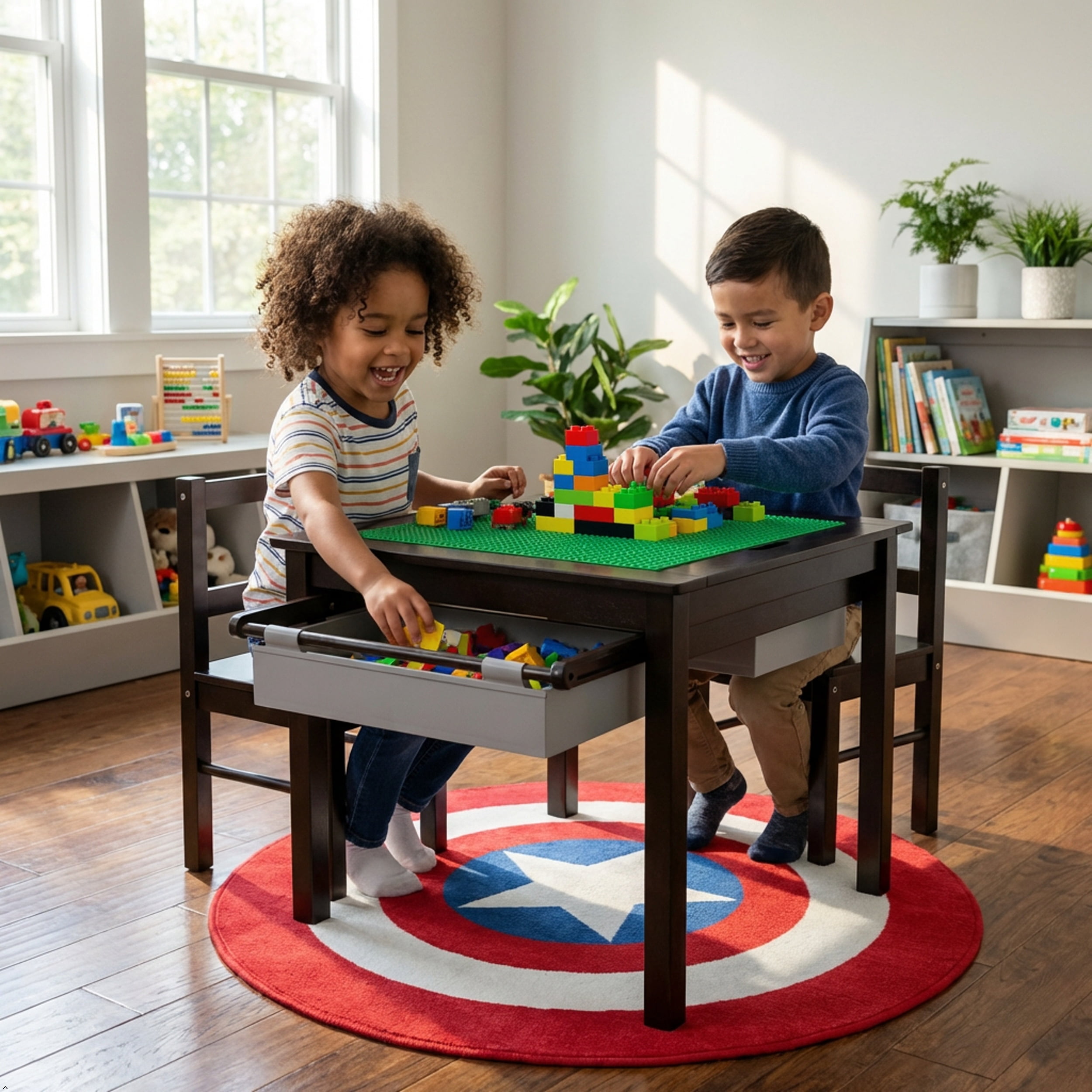 STAROUS Wooden 2 In 1 Kids Construction Play Table and 2 Chairs set with Storage Drawers and Built In Broad, Espresso with Gray Drawer