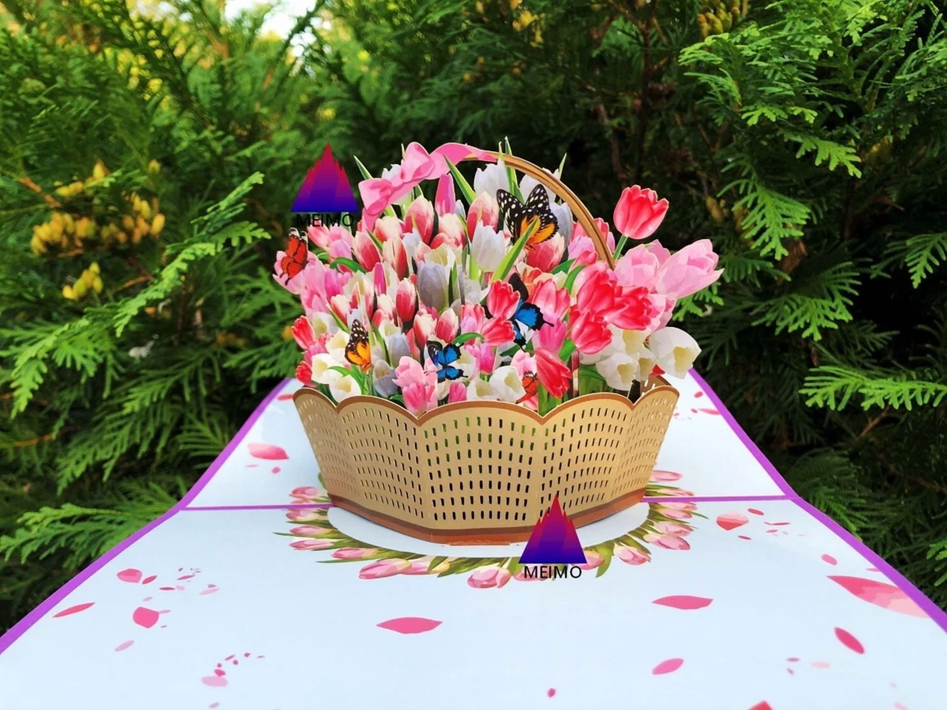 PURELY- 3D Pop Up Greeting Card Flowers Floral Tulips Nature Garden Plants Birthday Mom