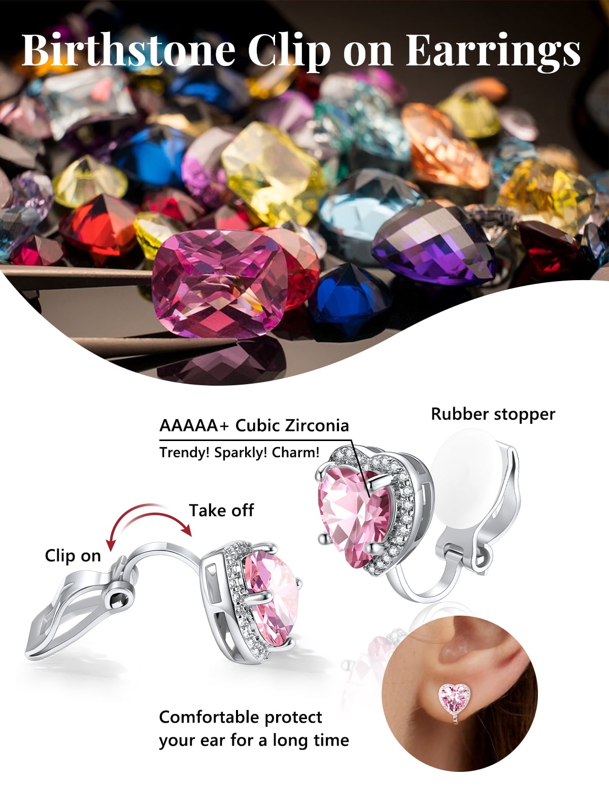 Silvora Clip on Earrings for Women October Pink Tourmaline Heart Birthstone Non Pierced Earring Jewelry Gift for Daughter Birthday Thanksgiving