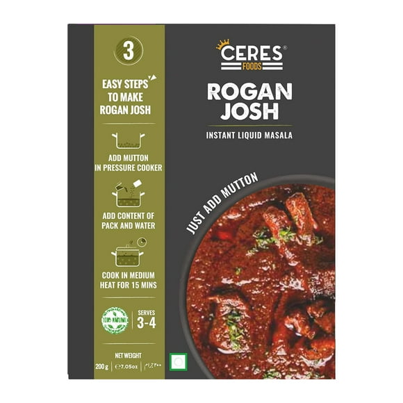 CERES FOODS Indian Kashmiri Rogan Josh Instant Liquid Masala Simmer Sauce Famous Mutton Curry from Kashmir India Just Add 35 Ounces of Mutton or Choice of Protein with the Curry, 7.05 oz
