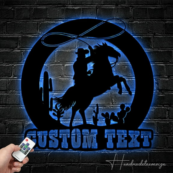 Handmadetneonsign Custom Cowboy Riding Horse Metal Wall Art LED Light - Personalized Western Cowboy