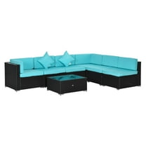 7-Piece Wicker Patio Conversation Set with Cushions & Glass Table, Turquoise - Outdoor Sectional Sofa Set for 6, PE Rattan Furniture