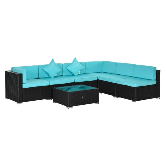 7-Piece Wicker Patio Conversation Set with Cushions & Glass Table, Turquoise - Outdoor Sectional Sofa Set for 6, PE Rattan Furniture