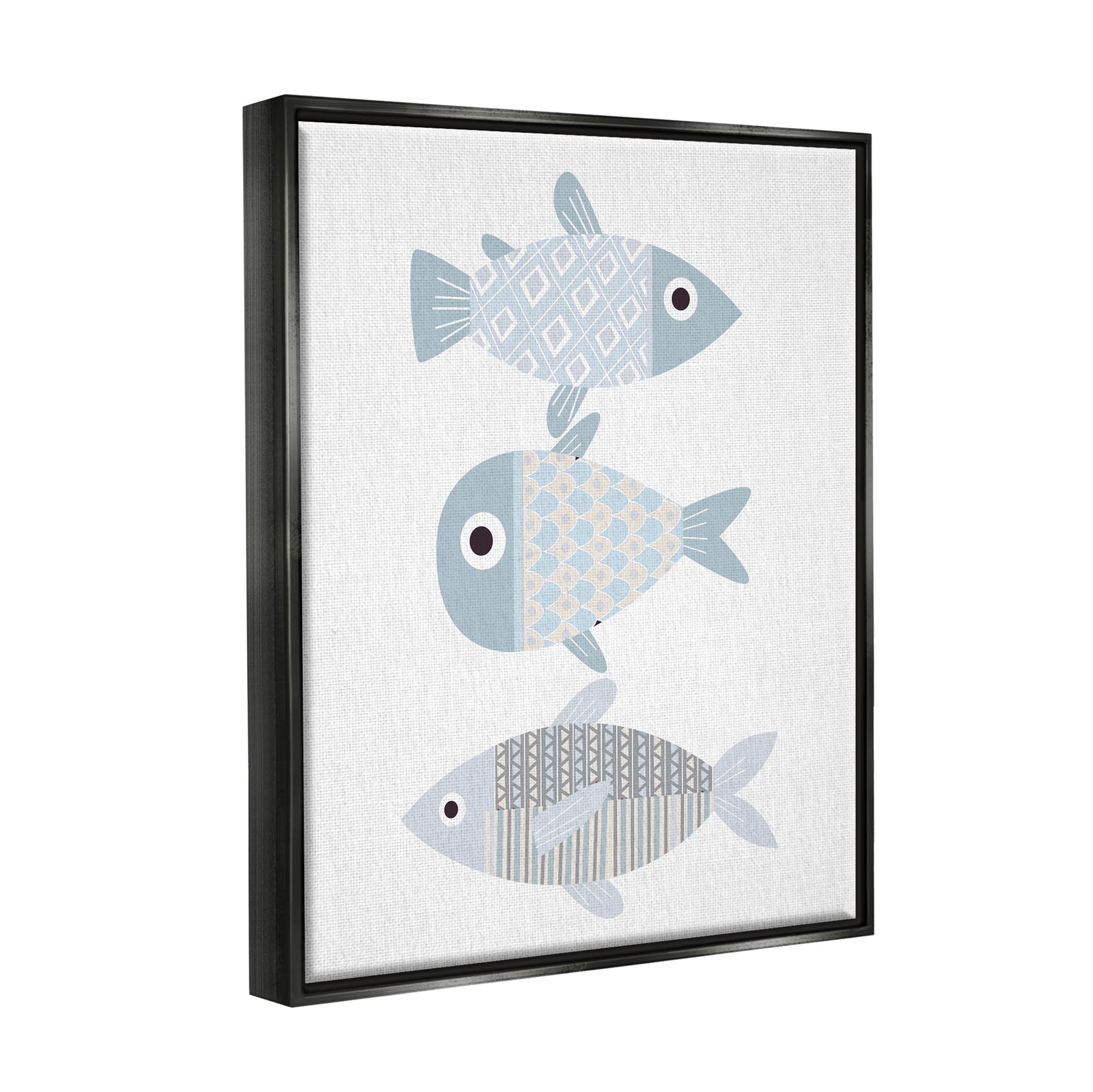 Stupell Industries Three Whimsical Patterned Fish Sea Life Graphic Art Jet Black Floating Framed Canvas Print Wall Art, Design by Kim Allen