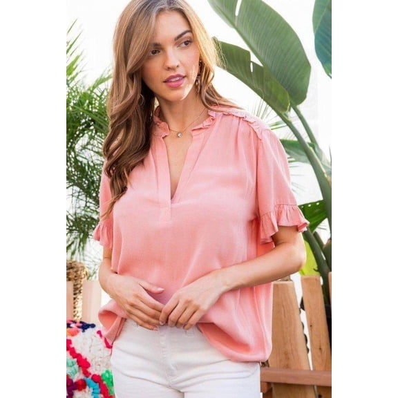 Ruffle Mock Notched Neck Short Sleeve Solid Top