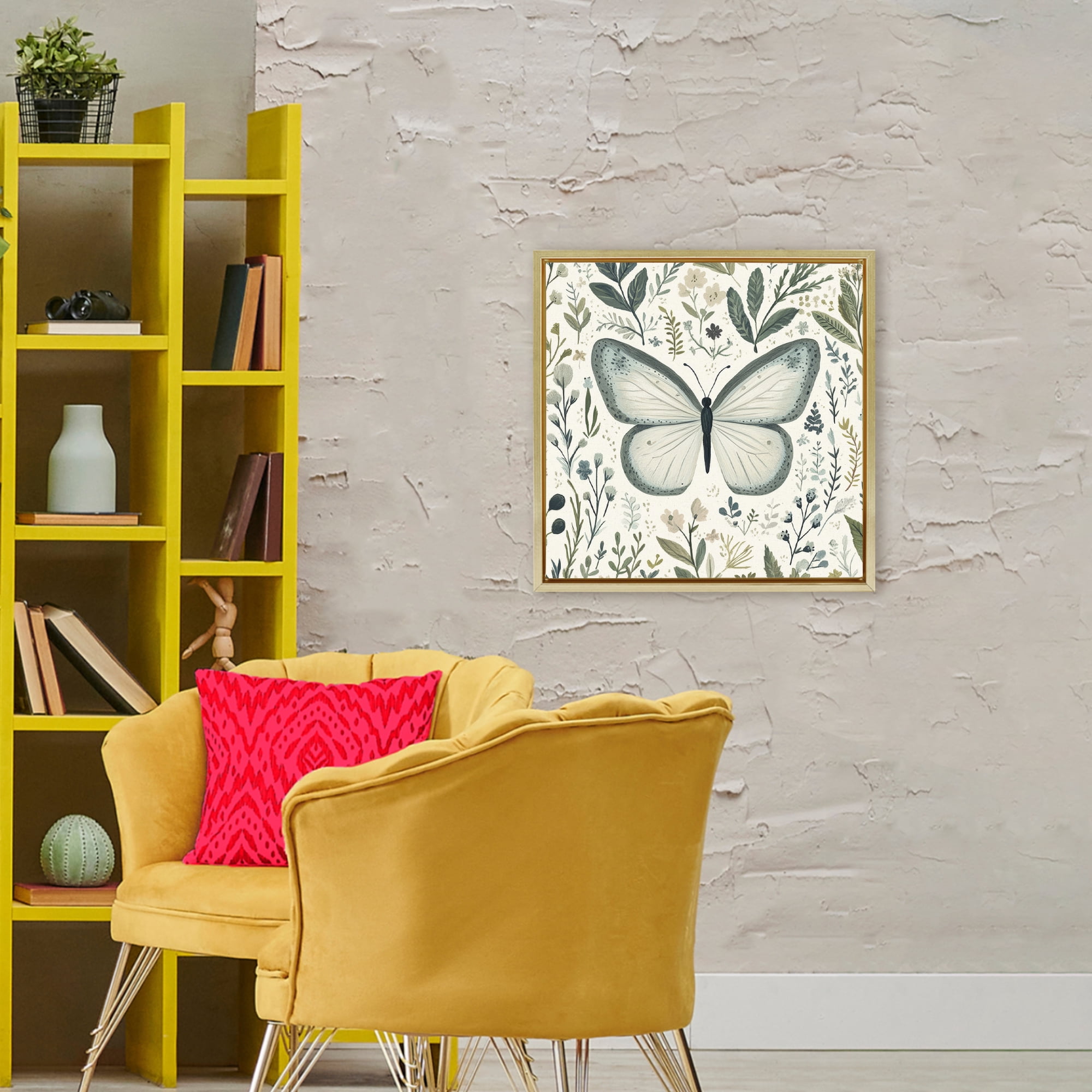 Stupell Industries Dusty Blue Butterfly Botanicals Gold Framed Floater Canvas Wall Art, design by Petal Prints Design