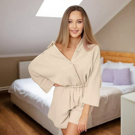 

CoCopeaunt Womens thin pajamas cotton pink nine-quarter sleeve shorts suit cotton casual can be worn outside the home wear
