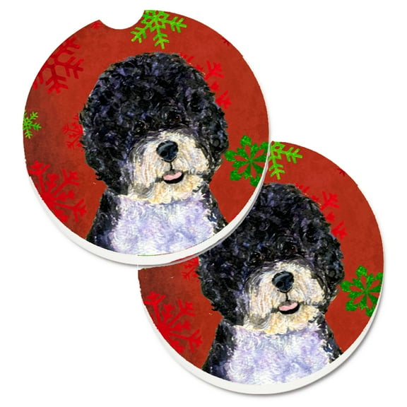 Portuguese Water Dog Red Green Snowflake Christmas Set of 2 Cup Holder Car Coasters