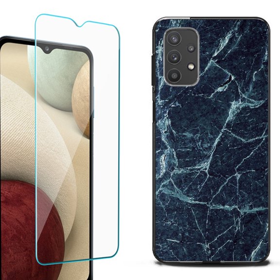 Slim-Fit Flexible TPU Gel Phone Case (black) for Samsung Galaxy A32 5G, with Tempered Glass Screen Protector, by OneToughShield ® - Marble / Blue