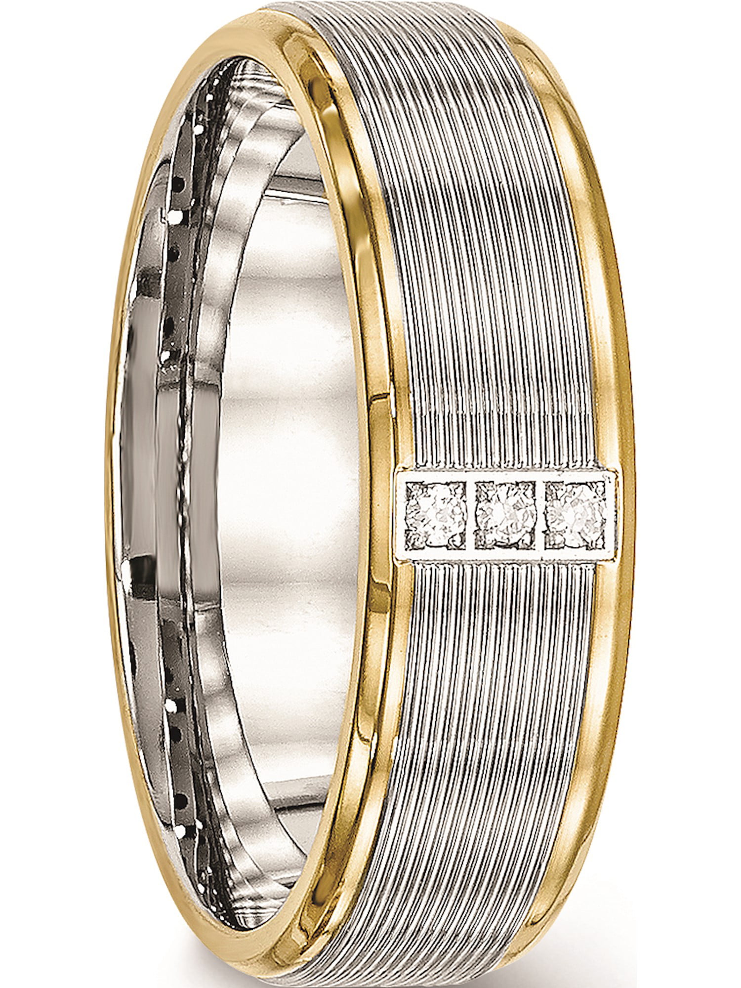 Bridal Stainless Steel Polished Yellow IP CZ Grooved Comfort Back Ring