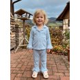 thumbnail image 4 of Cjfdfy Kids Girls Pajamas Set, Elegant Long Sleeve Shirt With Elastic Waist Flare Pants Sleepwear Toddler Girl Spring Fall 2 Piece Outfits Long Sleeve Ruffle Shirt Top Pants Set Solid Color Pajamas, 4 of 10