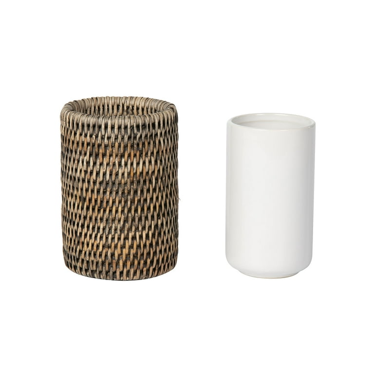 Rattan Toothbrush Holder With Ceramic Cup - Natural Bathroom Organizer Set For Countertop, Makeup Brushes Or Pens