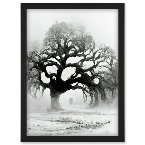 Old Oak Tree In Misty Landscape Pen Ink Illustration Artwork Framed Wall Art Print A4