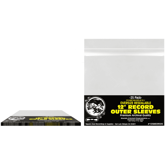 (100) 12" Resealable Oversize Record Outer Sleeves - Super Clear Premium 2 Mil Thick Archival Quality BOPP - 13-7/8" x 13-1/4"   1-5/8" Flap - FITS Most Box Sets UP to 7/8" Thick #12SB02RSOS