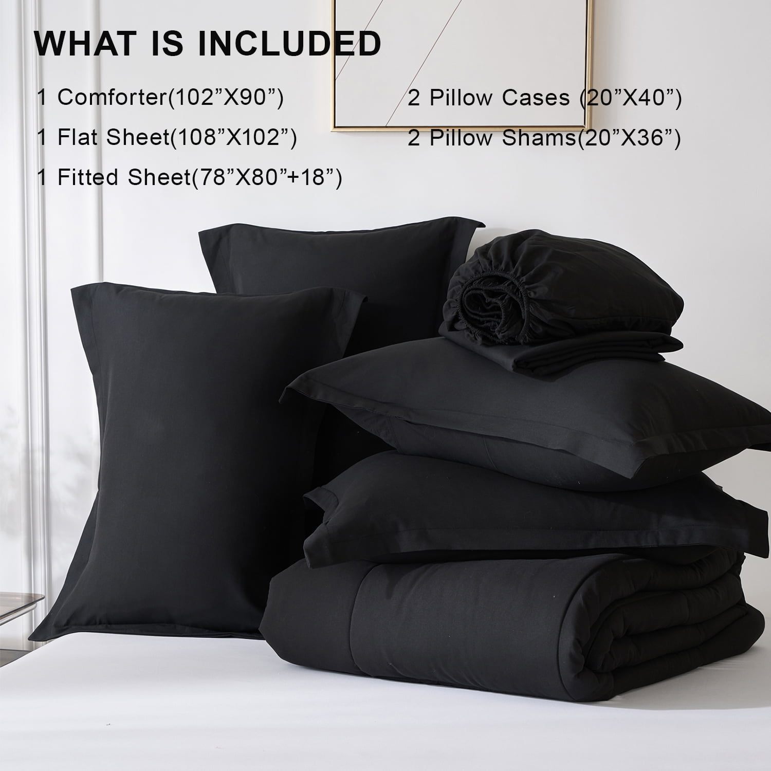 Flymme King Size Comforter Set Black, 7 Pieces King Bed in a Bag, All Season Bedding Sets with 1 Comforter, 1 Flat Sheet, 1 Fitted Sheet, 2 Pillowcase and 2 Pillow Sham