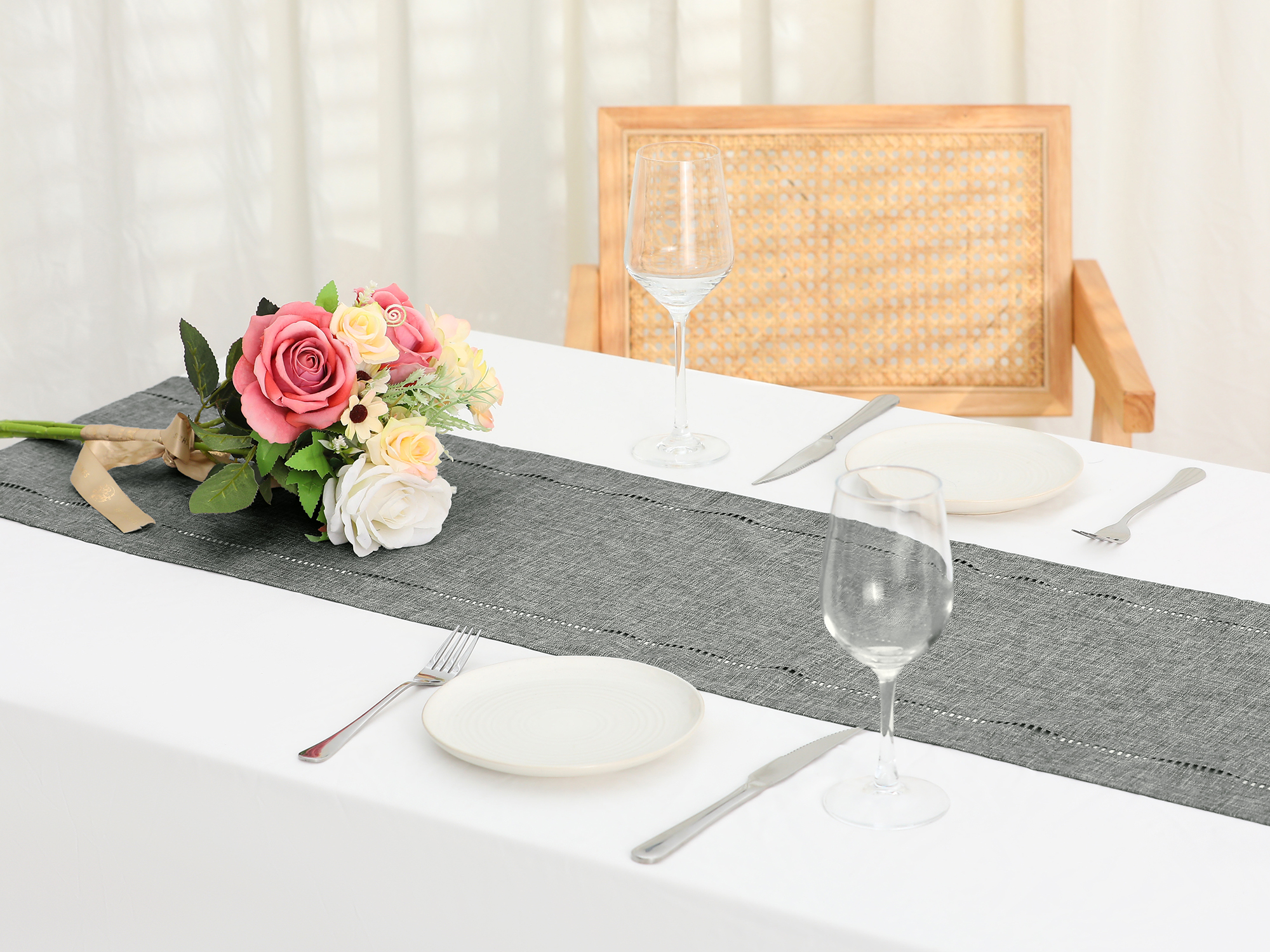 Unique Bargains Solid Color Table Runner Eyelet Hollow Out Table Flags Dark Grey 12"x71"