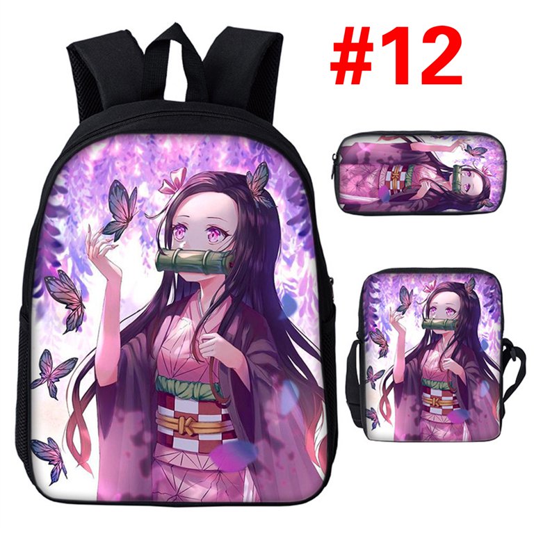 Anime Boys Girls Students 3 Pcs/Set Backpack Demon Slayer School Bag  Backpack Satchel Messenger Bag Pen Bag Gift (#10)