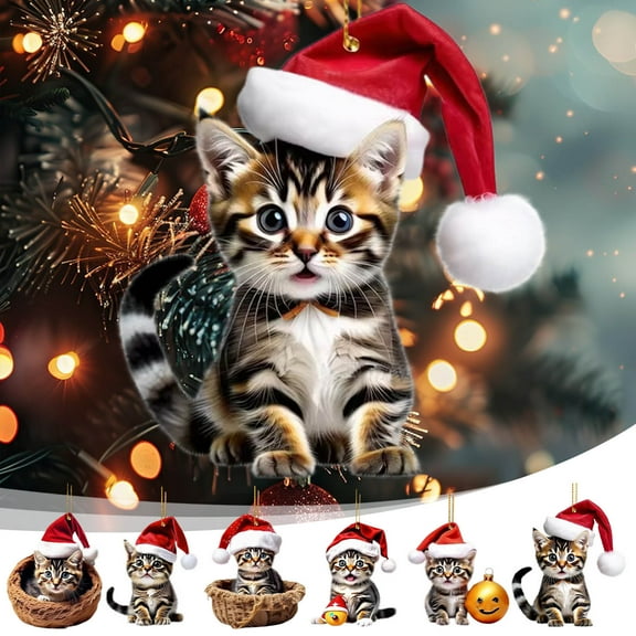 Christmas Tree Ornaments Cat Hanging Decorations, Christmas Tree Decorative Pendant, 2D Flat Cat Ornaments for Xmas Decor Cats Lovers Home Decor Gifts