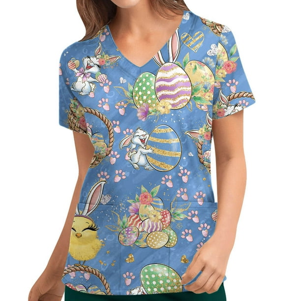RKSTN Womens Scrub Tops 2024 Easter Rabbit Printed V-neck Short Sleeve  Scrub Tops Pullover Casual Soft Workwear Tops 