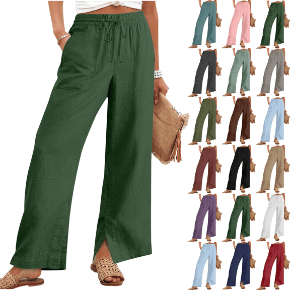 Linen Pants for Women Plus Size Summer Loose Elastic Waist Straight Leg Trousers with Pockets Beach Travel Vacation Lounge Pants S-4XL