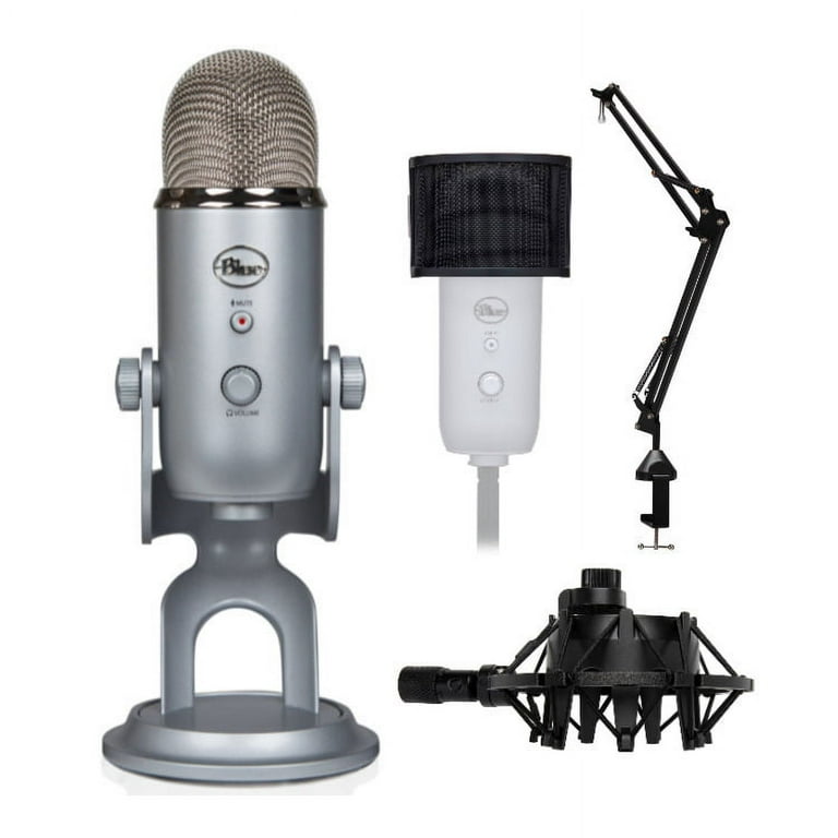 Blue Microphones Yeti Mic (Silver) with Boom Arm, Shock Mount and Pop Filter, Size: Large