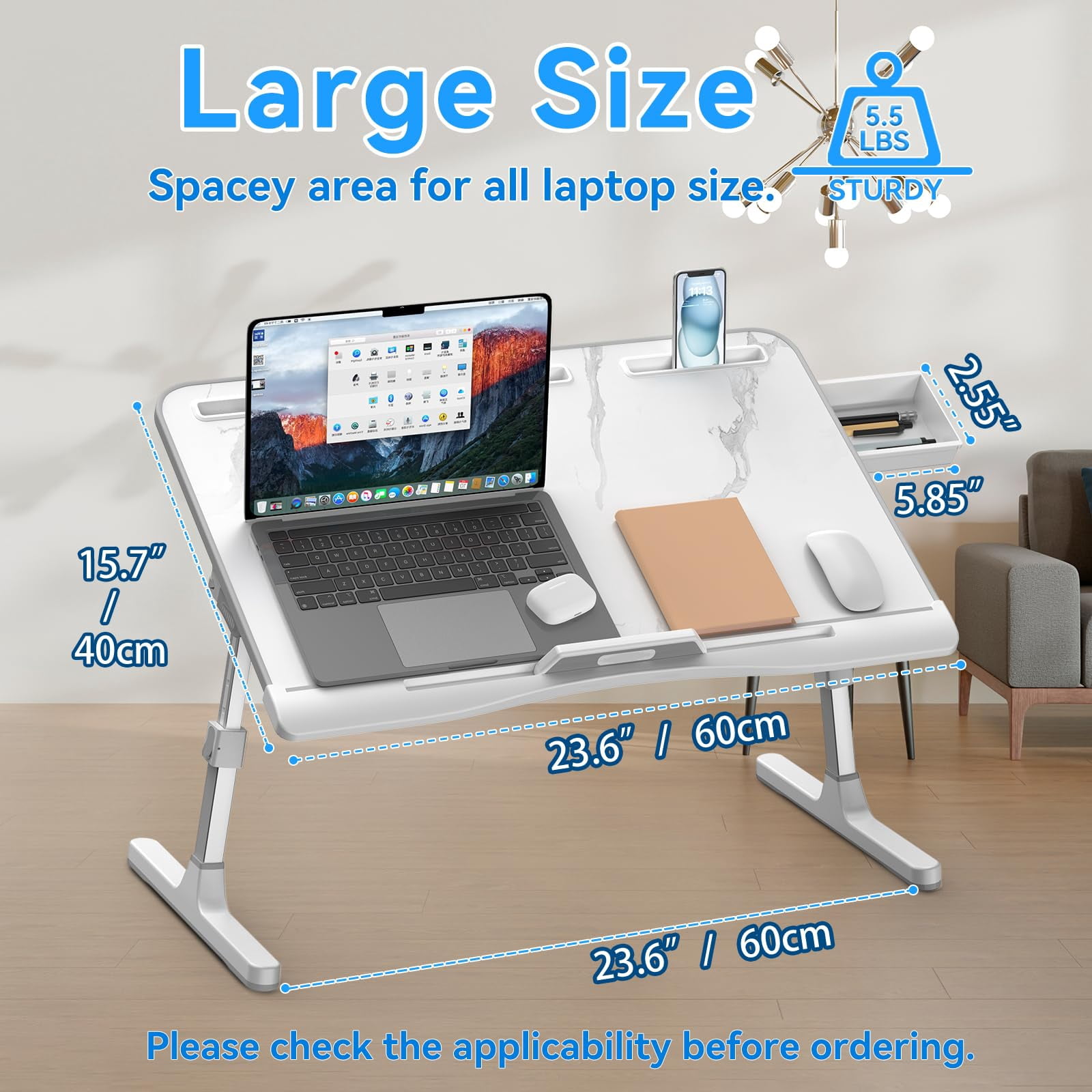 Laptop Bed Desk  Adjustable Lap With Drawer X-large Foldable Table Tray For Couch Floor Writing Working Reading Eating Painting (marble 23.6"*15.7")