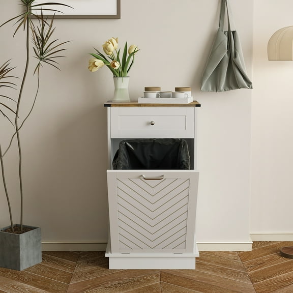 ELECWISH Kitchen Tilt Out Trash Can Cabinet Freestanding Trash Bin Holder Storage Drawer Waste Bin-Wooden Recycling Trash Cabinet,White