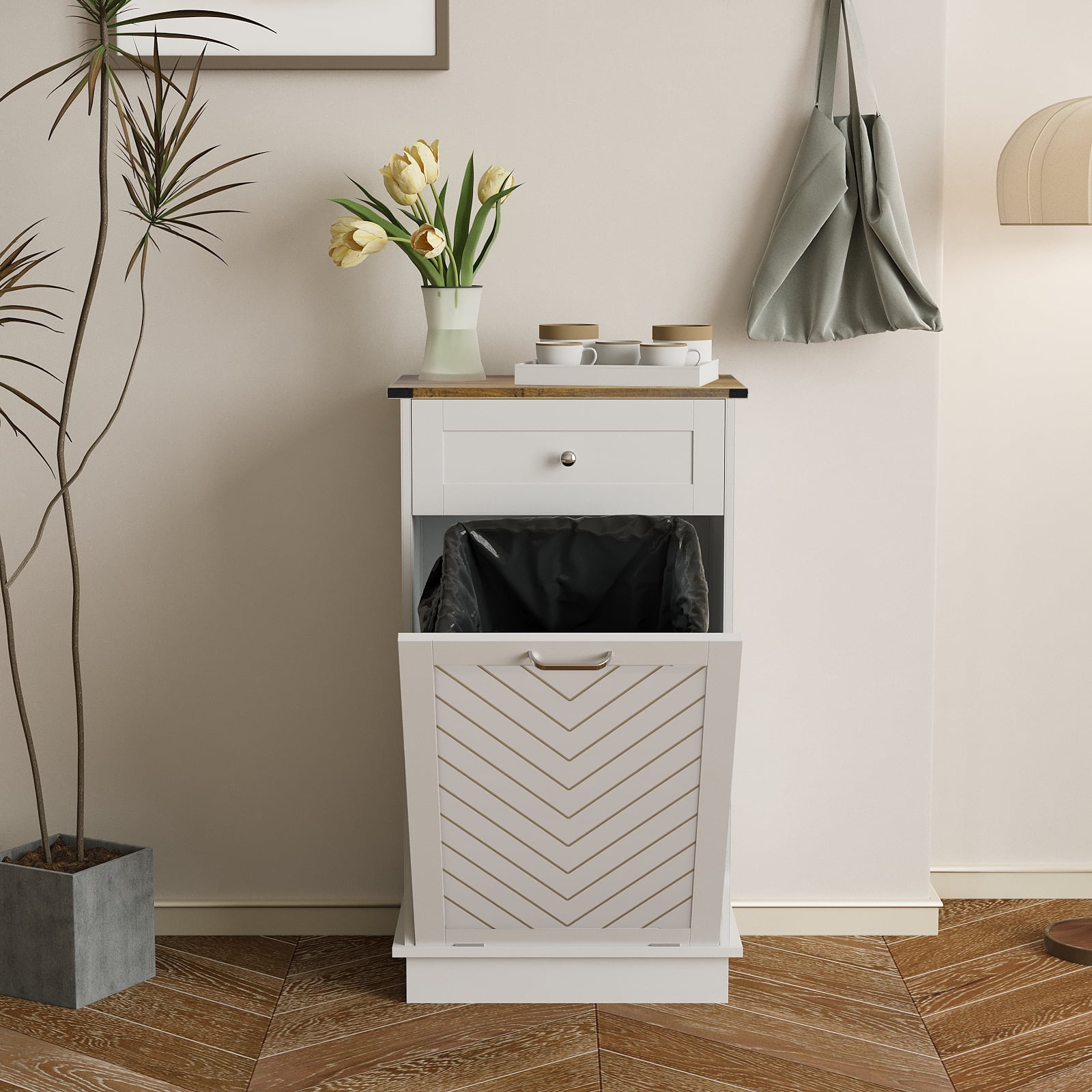 ELECWISH Kitchen Tilt Out Trash Can Cabinet Freestanding Trash Bin Holder Storage Drawer Waste Bin-Wooden Recycling Trash Cabinet,White