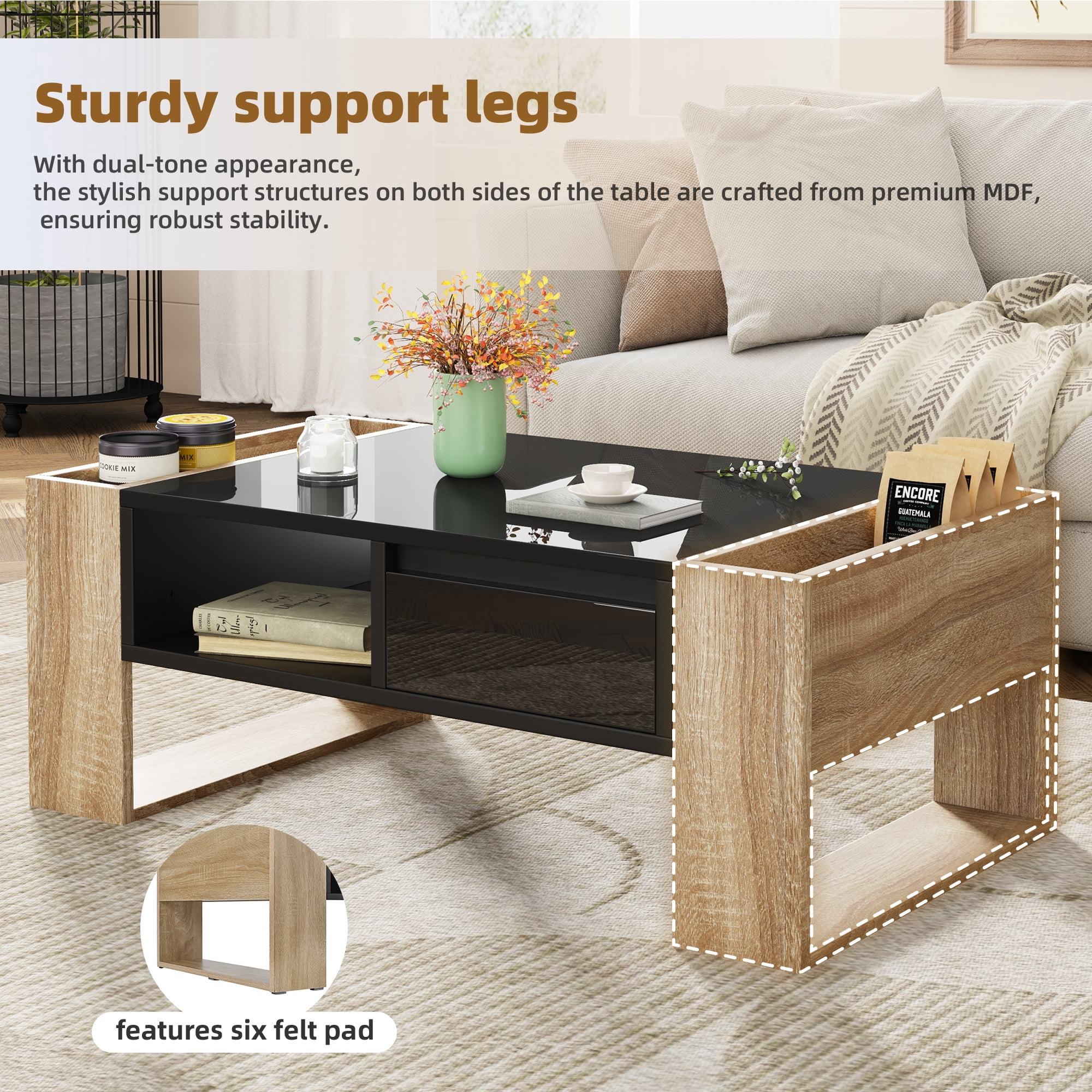Euroco High Glossy Coffee Table with 2 Drawers, Practical Two Tone Center Table with Hidden Compartments, Rectangle Cocktail Table with Open Storage Shelf for Living Room, Bedroom