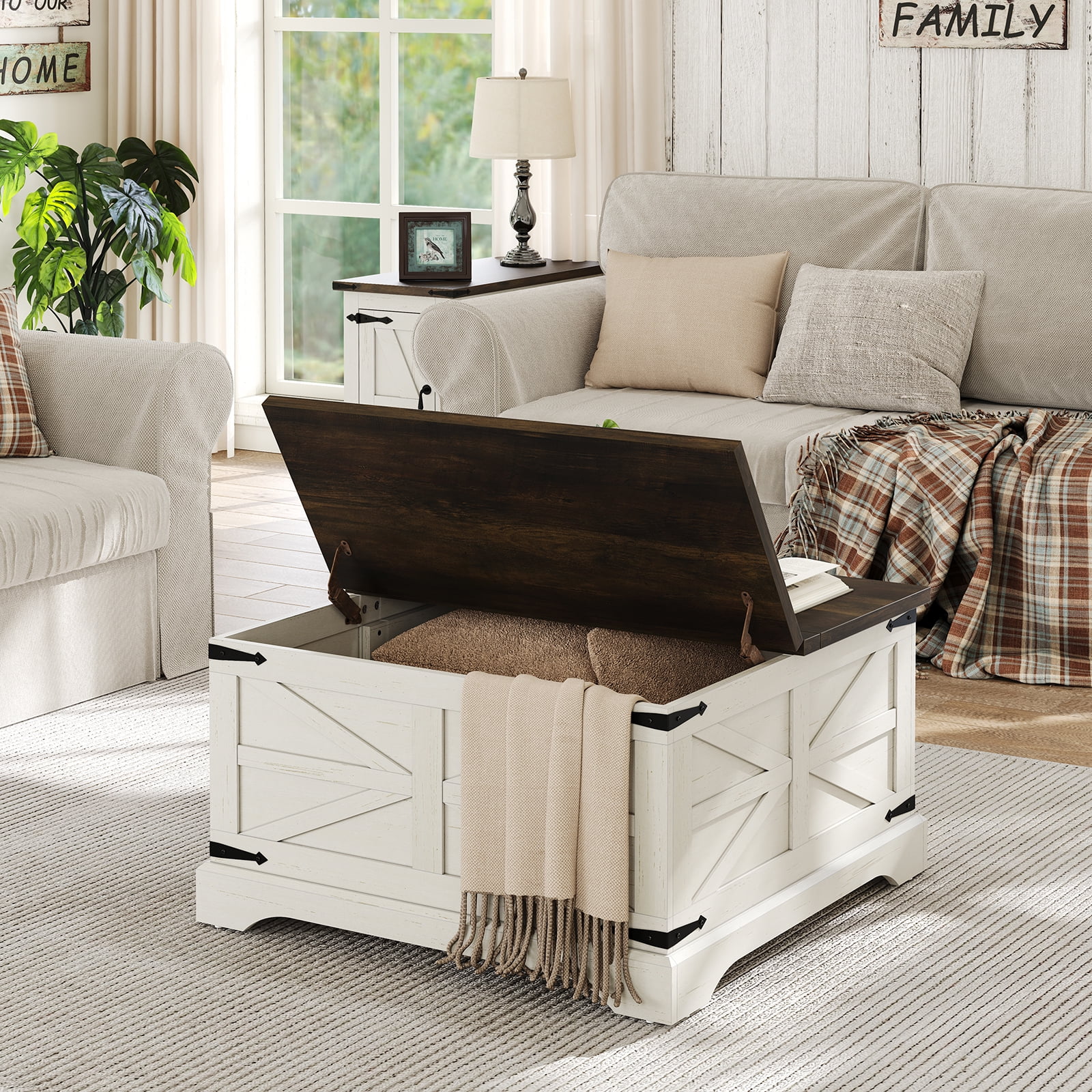 Furnihold Farmhouse Lift Top Coffee Table, Square Wood Center Table with Large Hidden Storage Compartment for Living Room, Rustic Cocktail White Modern Table with Hinged Lift Top, Brown Top