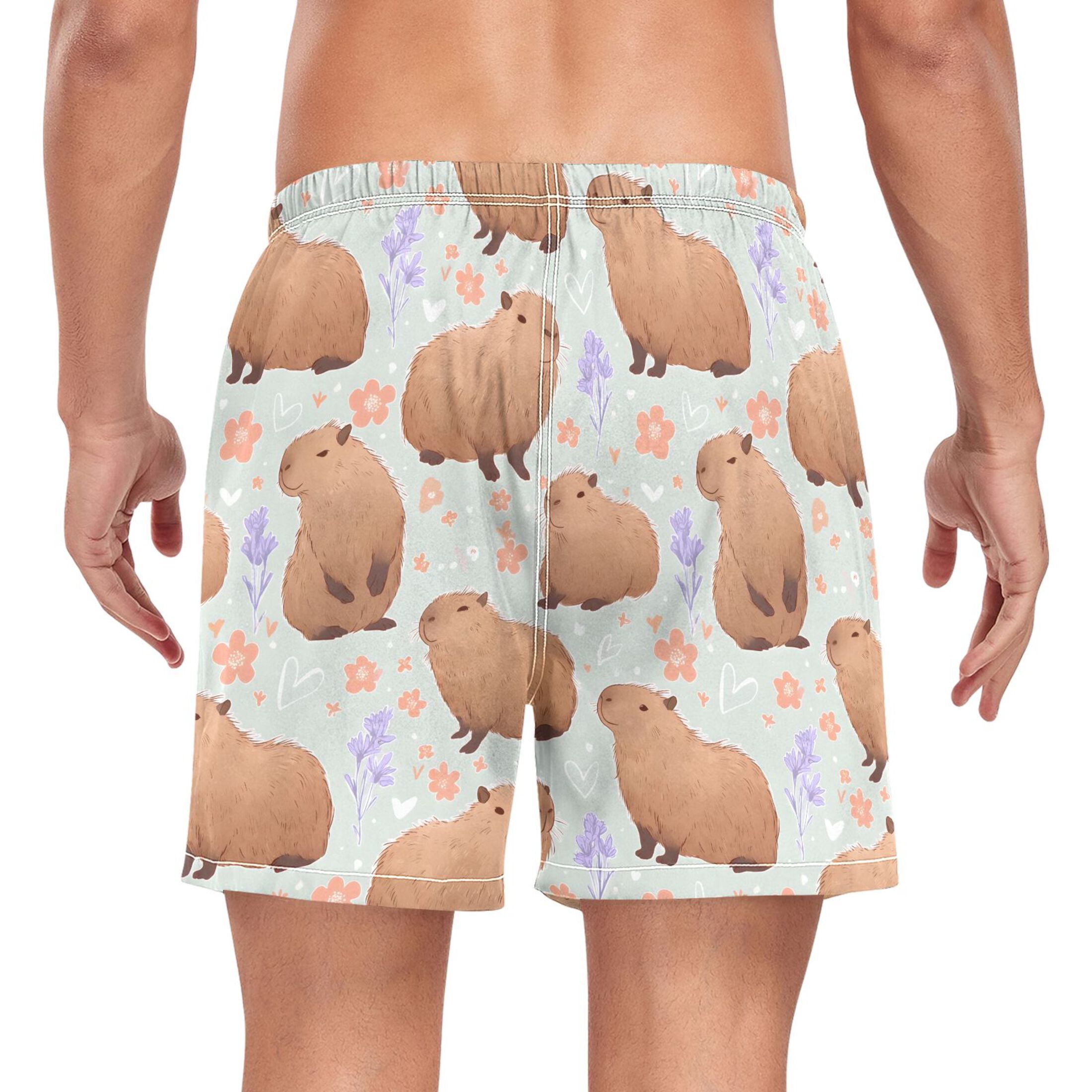 joogoo Men's Cute Capybara Floral Swim Trunks with Liner Pocket Beach Shorts L