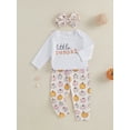 thumbnail image 5 of Baby Toddler Girls Halloween Clothing Set 0 3 6 12 18 Months Letter Print Long Sleeve Romper Pumpkin Print Long Pants Hair Band Outfits, 5 of 9