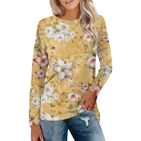 

HHei_K underscrub long sleeve women Women s Fashion Loose Floral Print Long Sleeve Round Neck T-Shirt Top