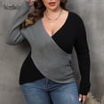 thumbnail image 2 of Suéter de talla grande con retazos cruzados 2024 para mujer, jersey sexy con escote en V profundo y holgado de gran tamaño para mujer, jerseys grandes, prendas de punto con curvas, 2 of 5