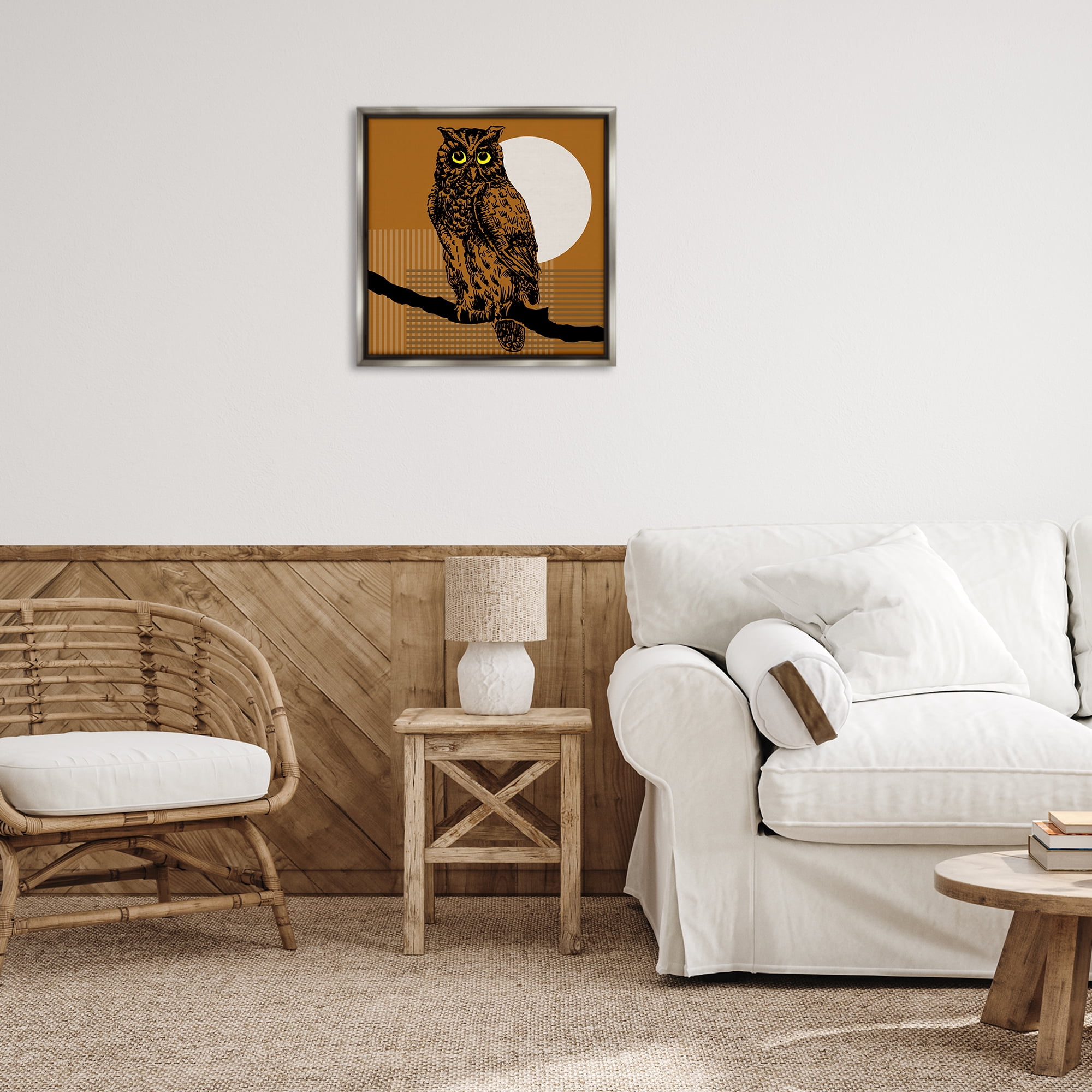 Stupell Industries Owl Perched with Moon Animals & Insects Painting Gray Floater Framed Canvas Art Print Wall Art, 25 x 25