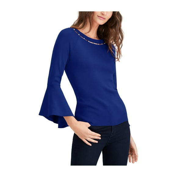 I-N-C Womens Beaded-Neck Pullover Blouse navy XS