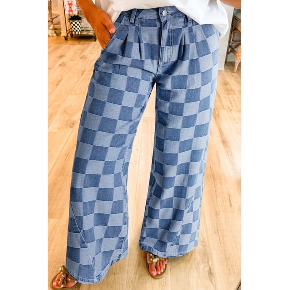 I AM A FASHION JUNKY Dusk Blue Checkered Denim Wide Leg Jeans (DuskBlue, 8, 50%Polyester+50%Cotton)