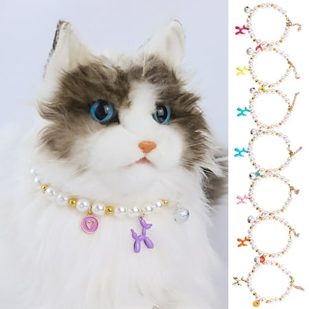 

HOFY Cat Necklace Mini Bells Design Allergy Free Shiny Visual Effect Lobster Clasp Easy-wearing Bright Color Resin Balloon-Dog Pendant Cat Imitation Pearl Necklace Pet Supplies