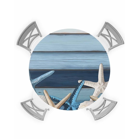 nqOlkjepod Coastal Starfish Round Tablecloth, Fitted Table Cover with Elastic for 45"-54" Round Tables, Blue Wooden Grain Seashells Country Table Cloth Outdoor Dinning Party Waterproof Tablecloths
