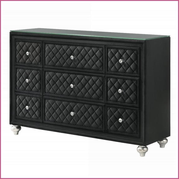 Dresser, 9-Drawer Traditional Glam with Velvet Tufted Fronts & Faux Crystal Knobs | Black | Wood