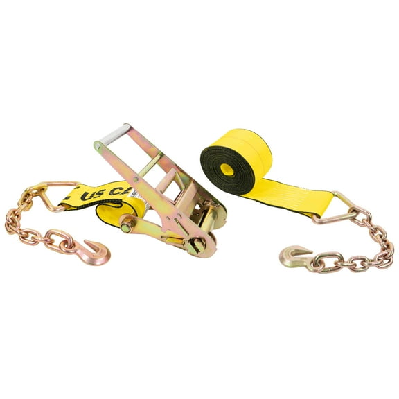 4" x 30' Yellow Ratchet Strap w/ Chain Extensions