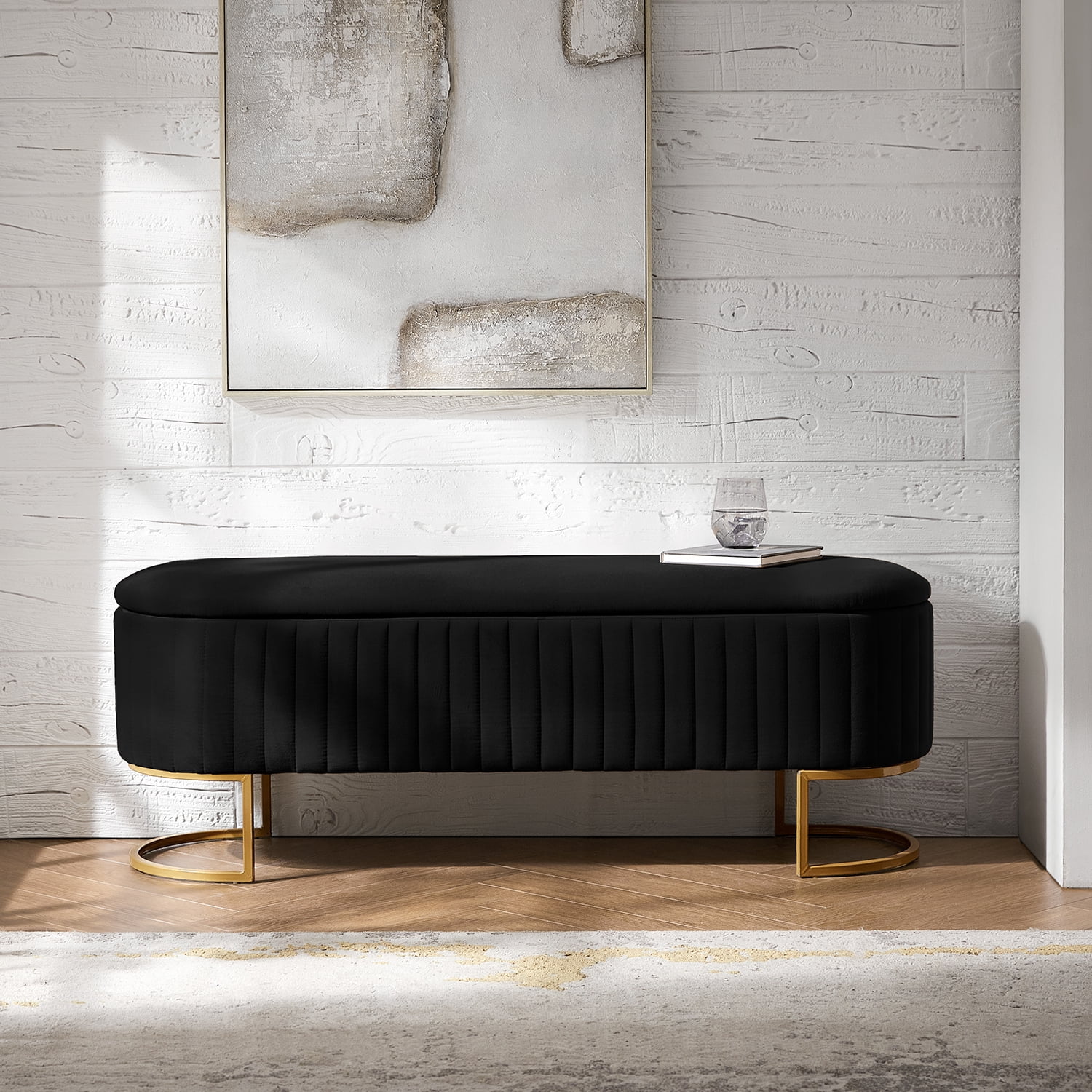 50.5" Upholstered Storage Bench For End of Bed Entryway Bedroom Ottoman Black